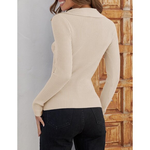 Women's Ribbed Knit Pullover Sweater V-Neck Fall Casual Slim Fit - Picture 5 of 8